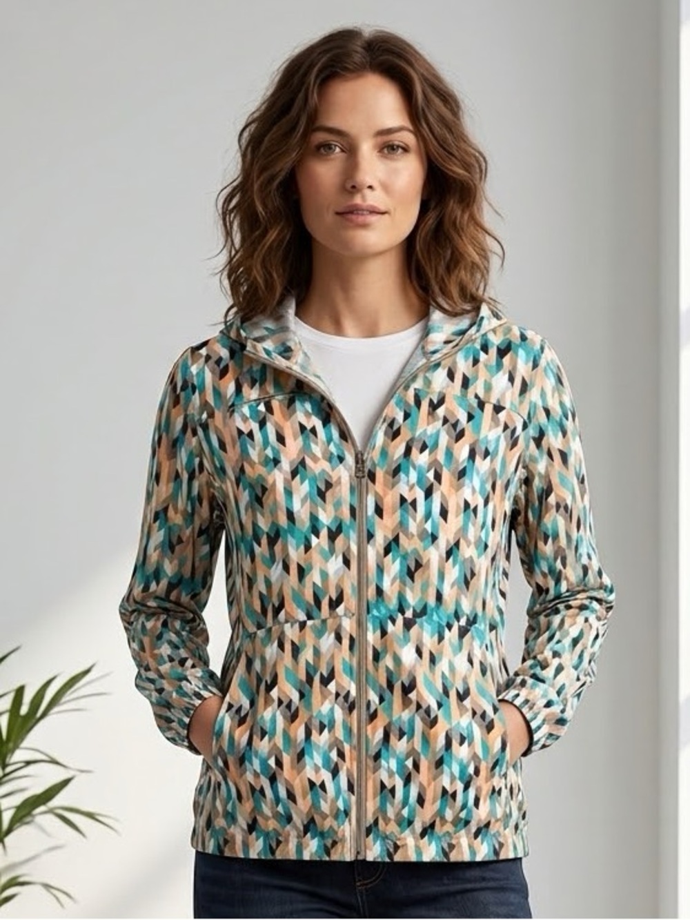 Royal Robbins Geo Geometric Print Full Zip Hooded Jacket Windbreaker Small